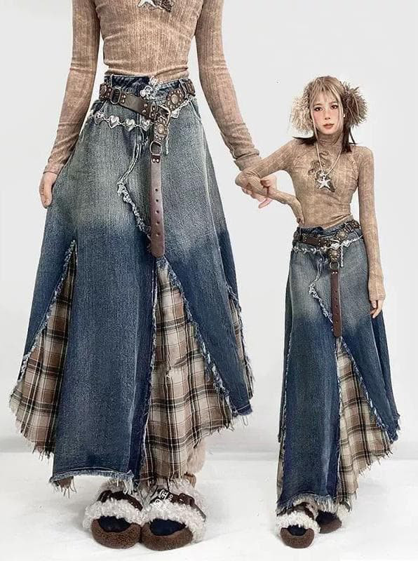 大きいサイズ スカート　チェック柄　イレギュラー　レディース　 新品 デニム♢