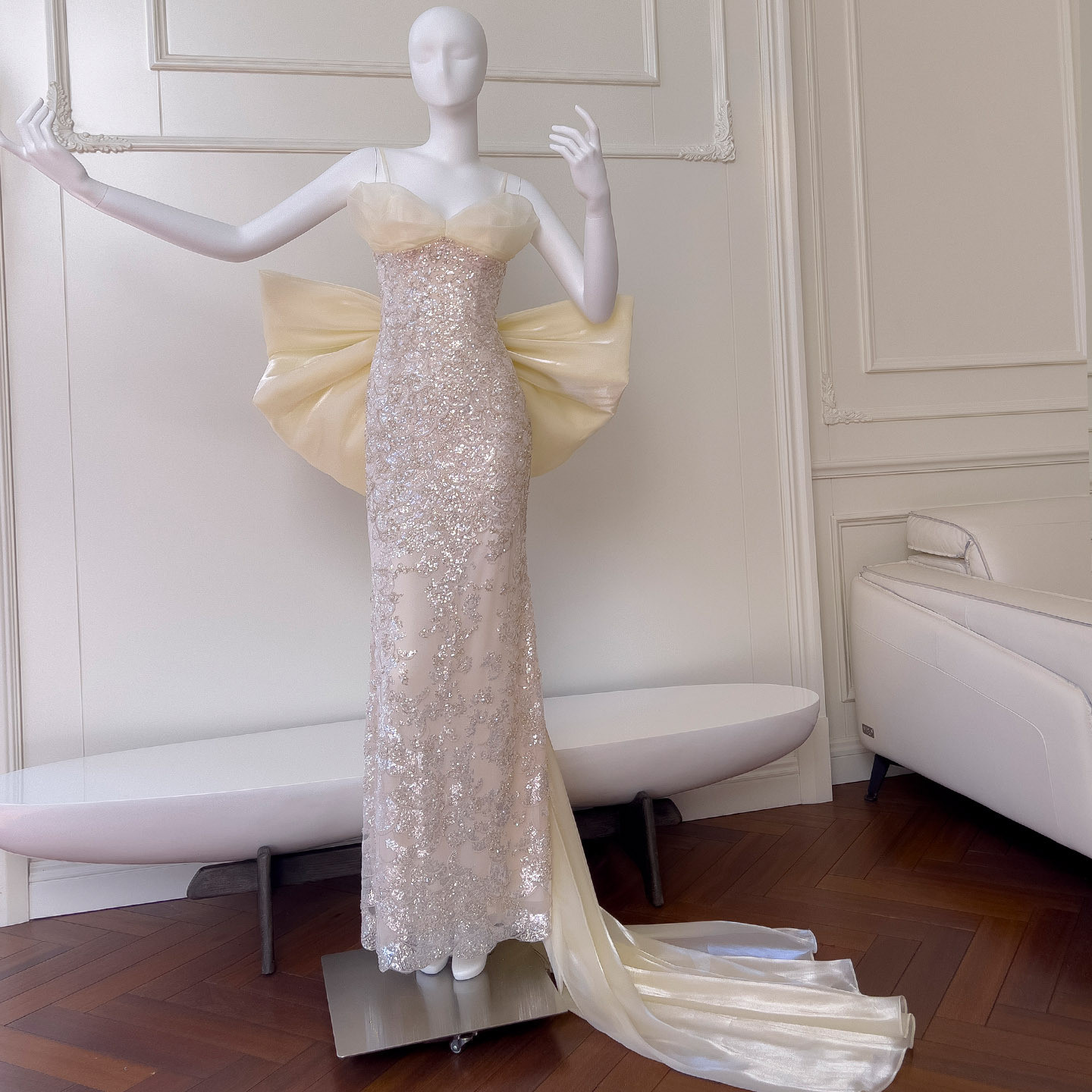 大きいリボン トレーン スパンコール 綺麗 ウェディングドレス パーティー ロング 韓国風 二次会 69518