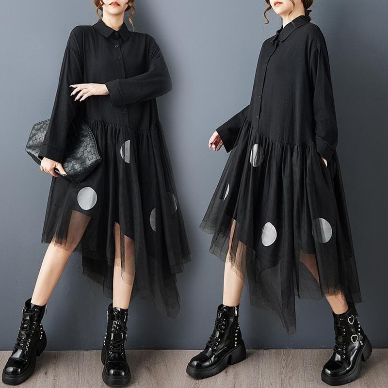 新品 大きいサイズ ゆったり メッシュ レトロ ワンピース 黒 秋冬　ｂ