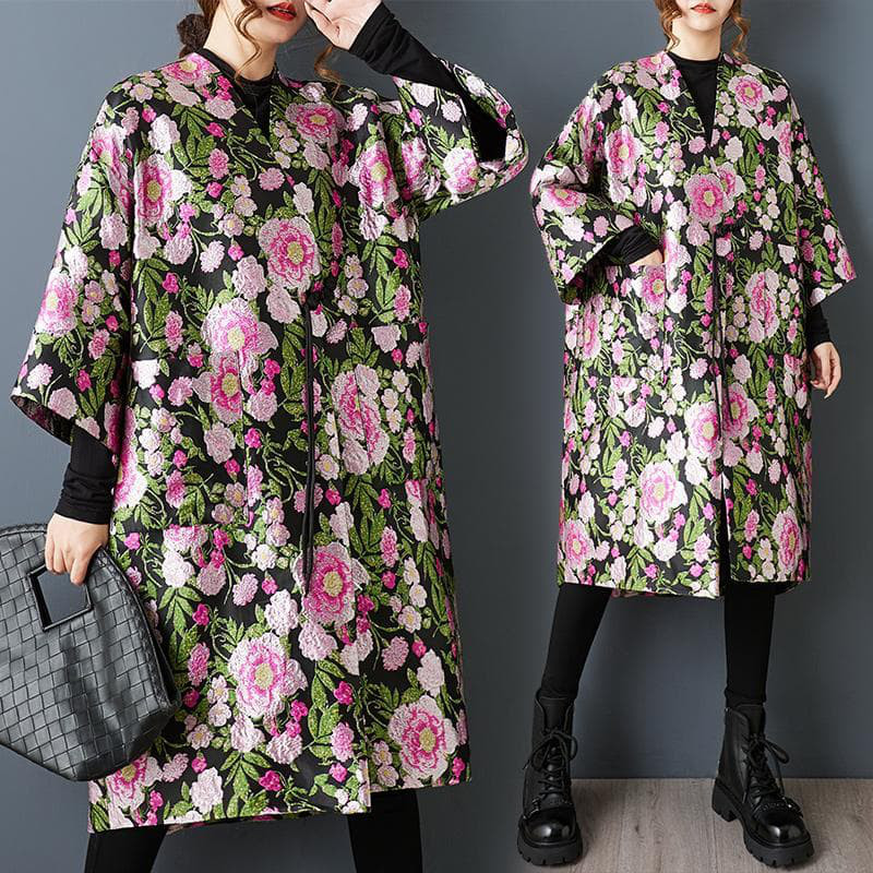 新品 大きいサイズ ゆったり 花柄 刺繍 トレンチコート ミドル丈 黒 春 秋冬