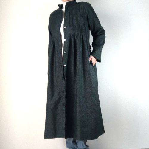 着物リメイク、大島紬ピンタックハイウエストワンピース　 お値下げしました。 大島紬のピンタックワンピース シャツワンピース 着物リメイク