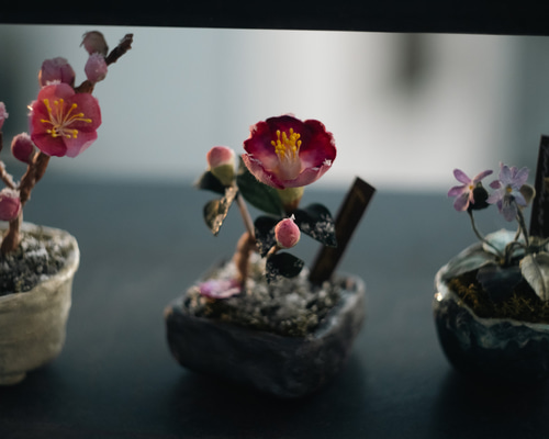 布花 冬ツバキ の 豆盆栽 四角鉢 アートフラワー くるみのこにわ 通販