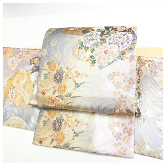 正絹　シルバー花柄 袋帯 正絹 楽帯 袋帯 シルバー グラデーション 花柄 二部式 二重太鼓 作り帯