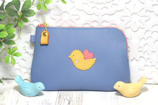 L字ファスナー財布・鳥・インコ・水色・財産護る・縁を運ぶ・人間関係UP・福財布・ことり・文鳥・十姉妹・カナリア