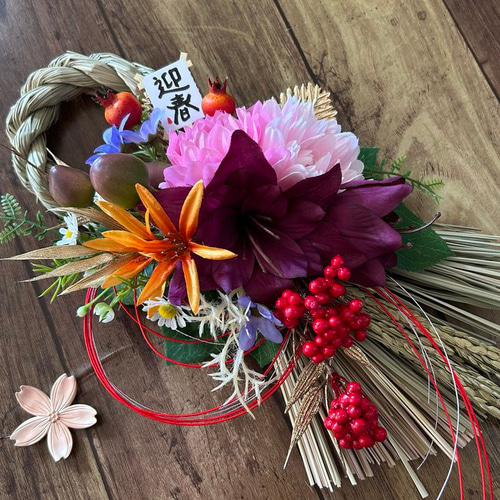 208.お正月飾ダリア　ピンク　しめ縄飾り　和飾り 208.お正月飾ダリア ピンク しめ縄飾り 和飾り