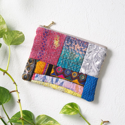 一点物】インド刺繍リボン×カンタキルトの異素材ミックスポーチ｜色と