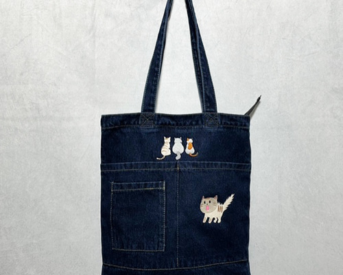 驚き猫の刺繍 内ポケット付き ZIP式 デニムトートバッグ A4 レディース