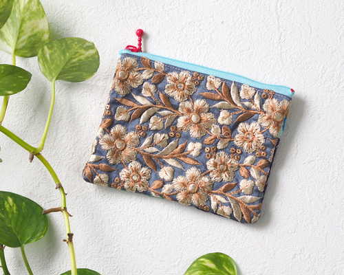 一点物】インド刺繍リボン×カンタキルトの異素材ミックスポーチ｜手
