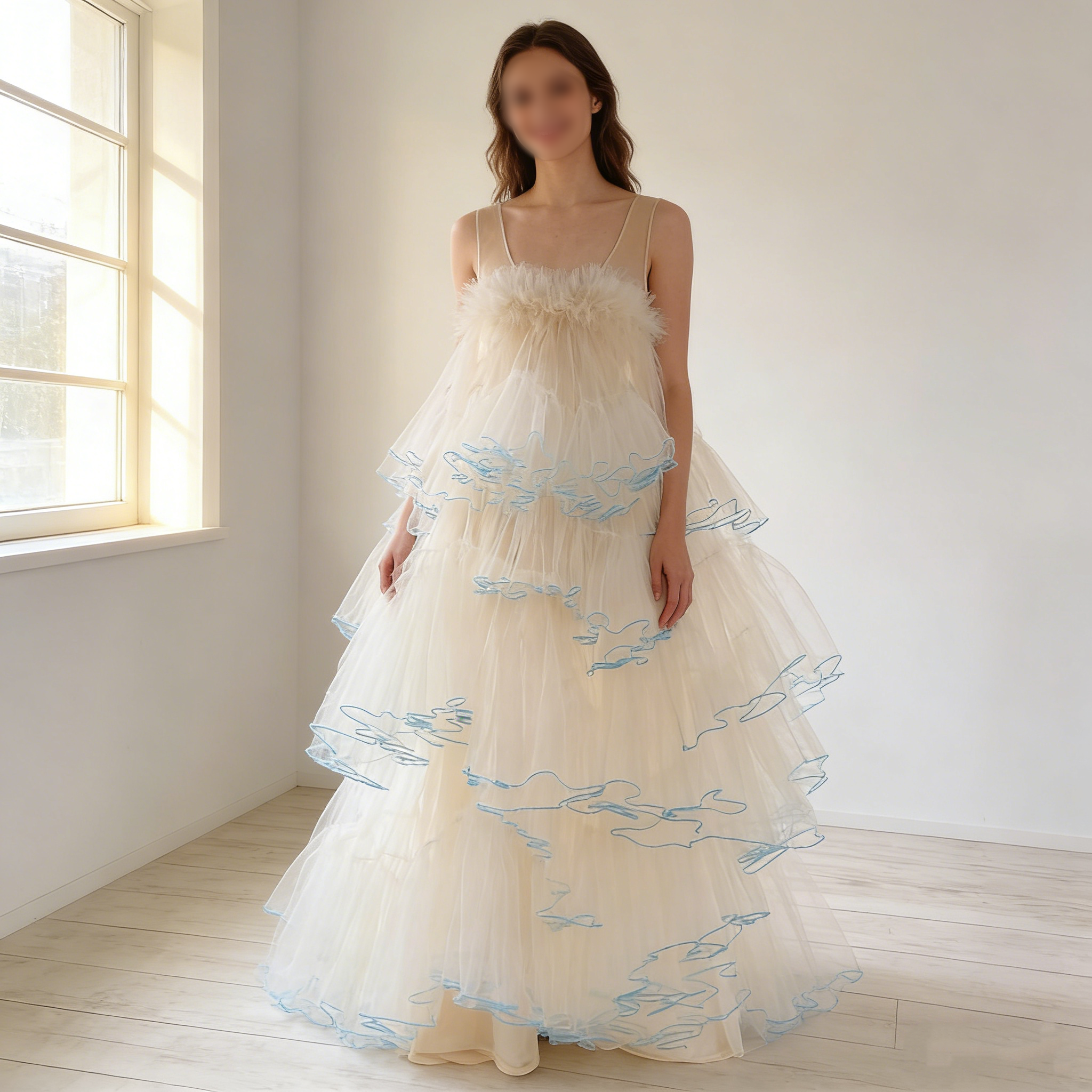 送料無料！ウエディングドレス ノースリーブ ラッフルフリル プリンセスライン ふわふわドレス