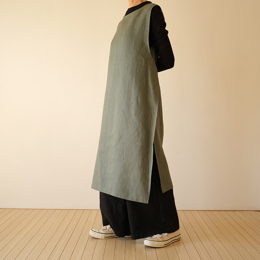 受注制作　ロングサイドリボンエプロン　セージ