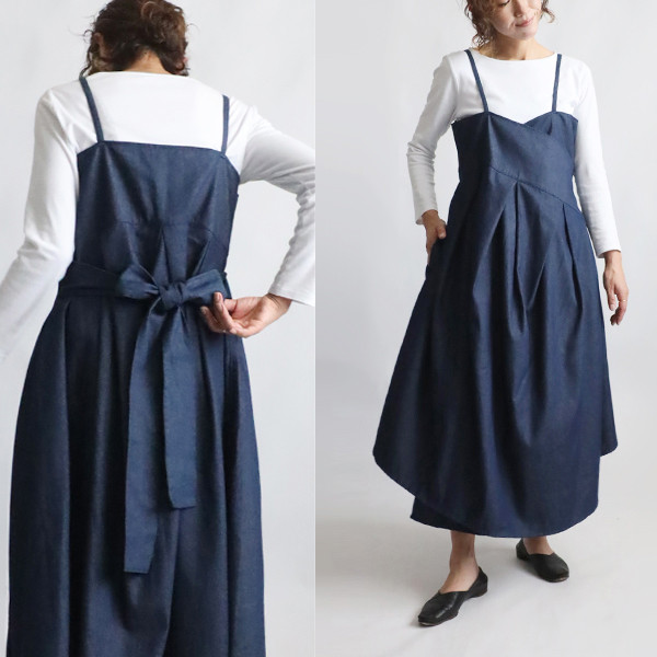 新作　甘織デニム　変形カシュクール　エプロン　ワンピース　後ろリボン　前後2way　燕尾裾インディゴ　B68