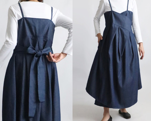 夏SALE 甘織デニム 変形カシュクール エプロン ワンピース 後ろ