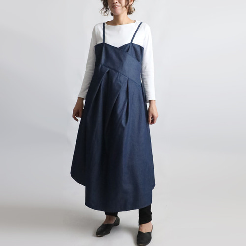 夏SALE 甘織デニム 変形カシュクール エプロン ワンピース 後ろ