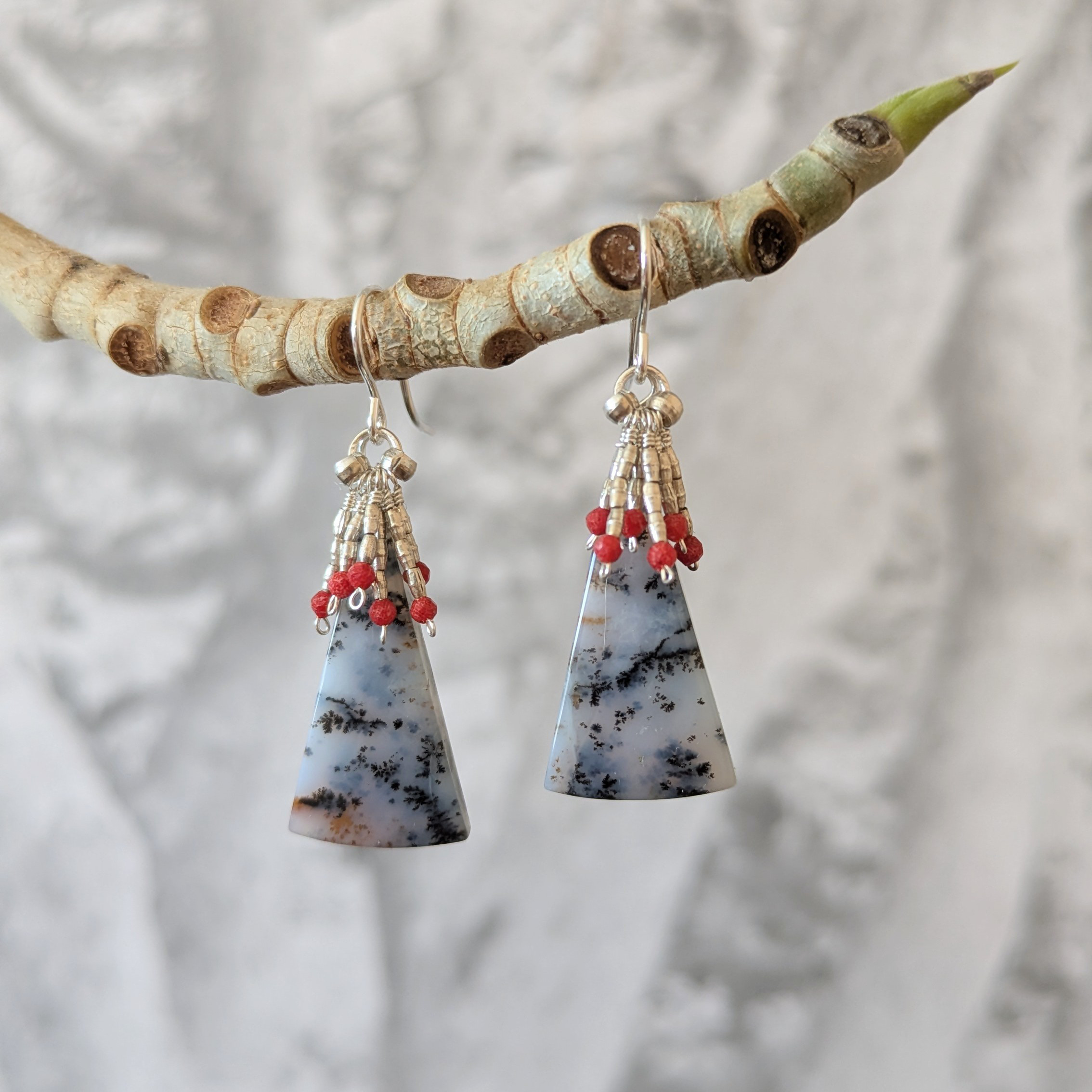 Winter forest＊デンドライトアゲート×レッドコーラル　Silver925ピアス