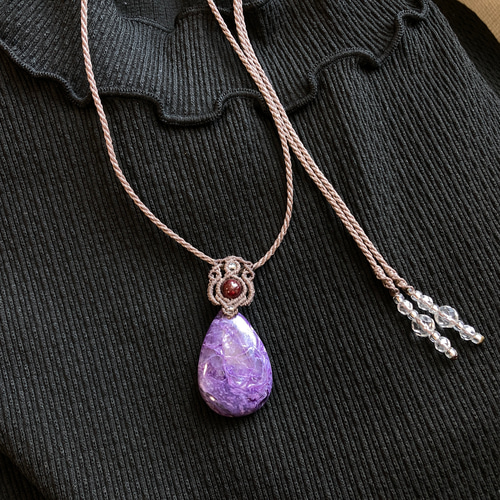 チャロアイト（ライトカラー） マクラメ編みネックレス 金属アレルギー