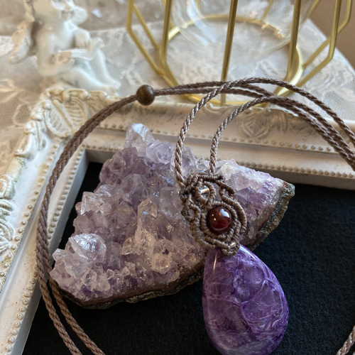 チャロアイト（ライトカラー） マクラメ編みネックレス 金属アレルギー