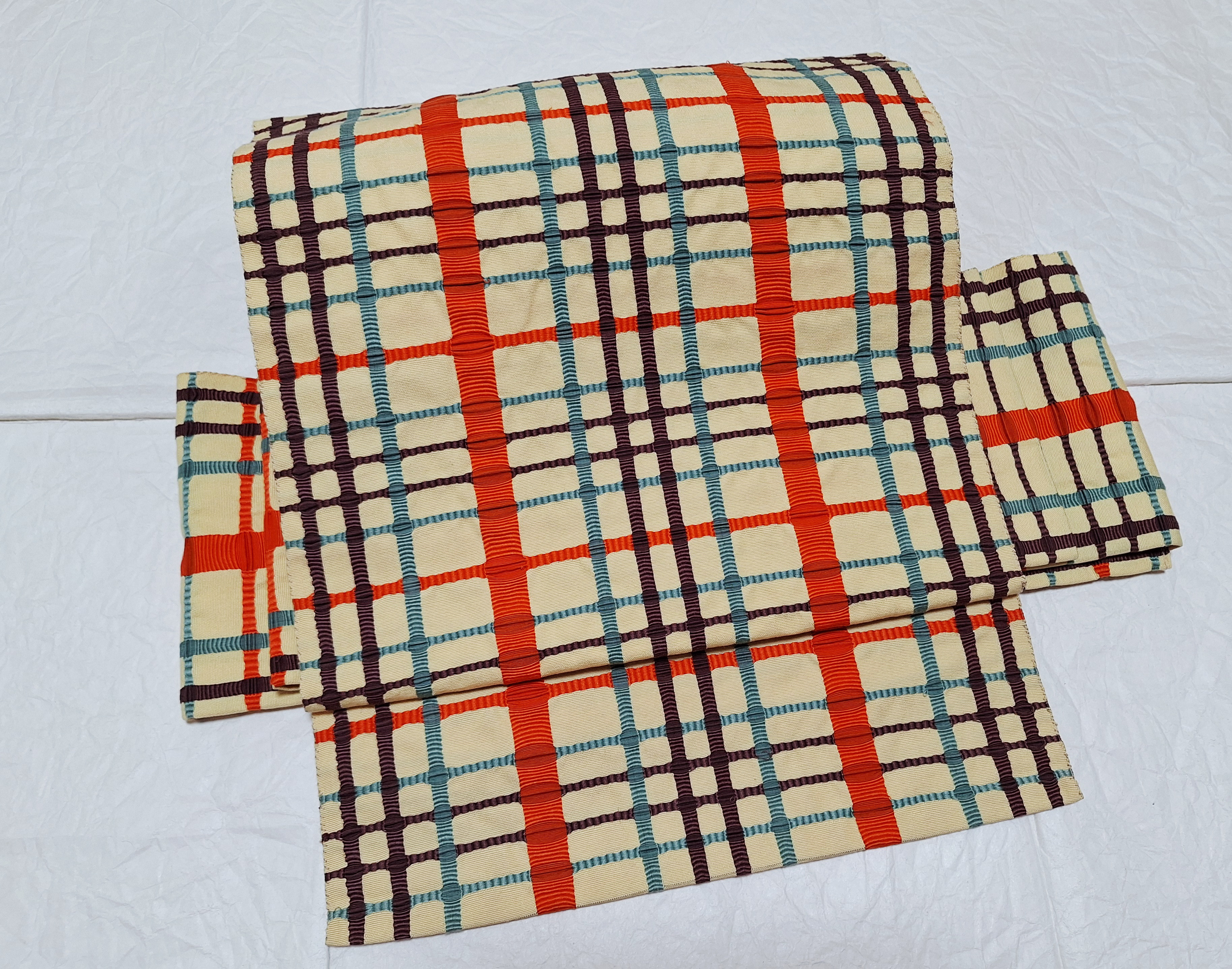 らワンタッチ帯　くらわん帯　正絹名古屋帯リメイク　淡黄色格子文様　作り帯　簡単帯