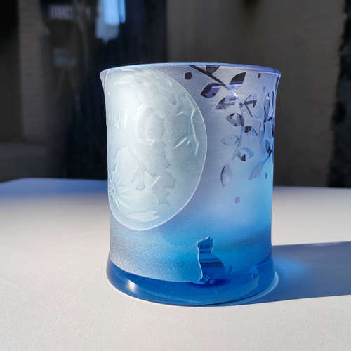 月夜の猫 青紫ロックグラス サンドブラスト ギフト グラス 月のGlass