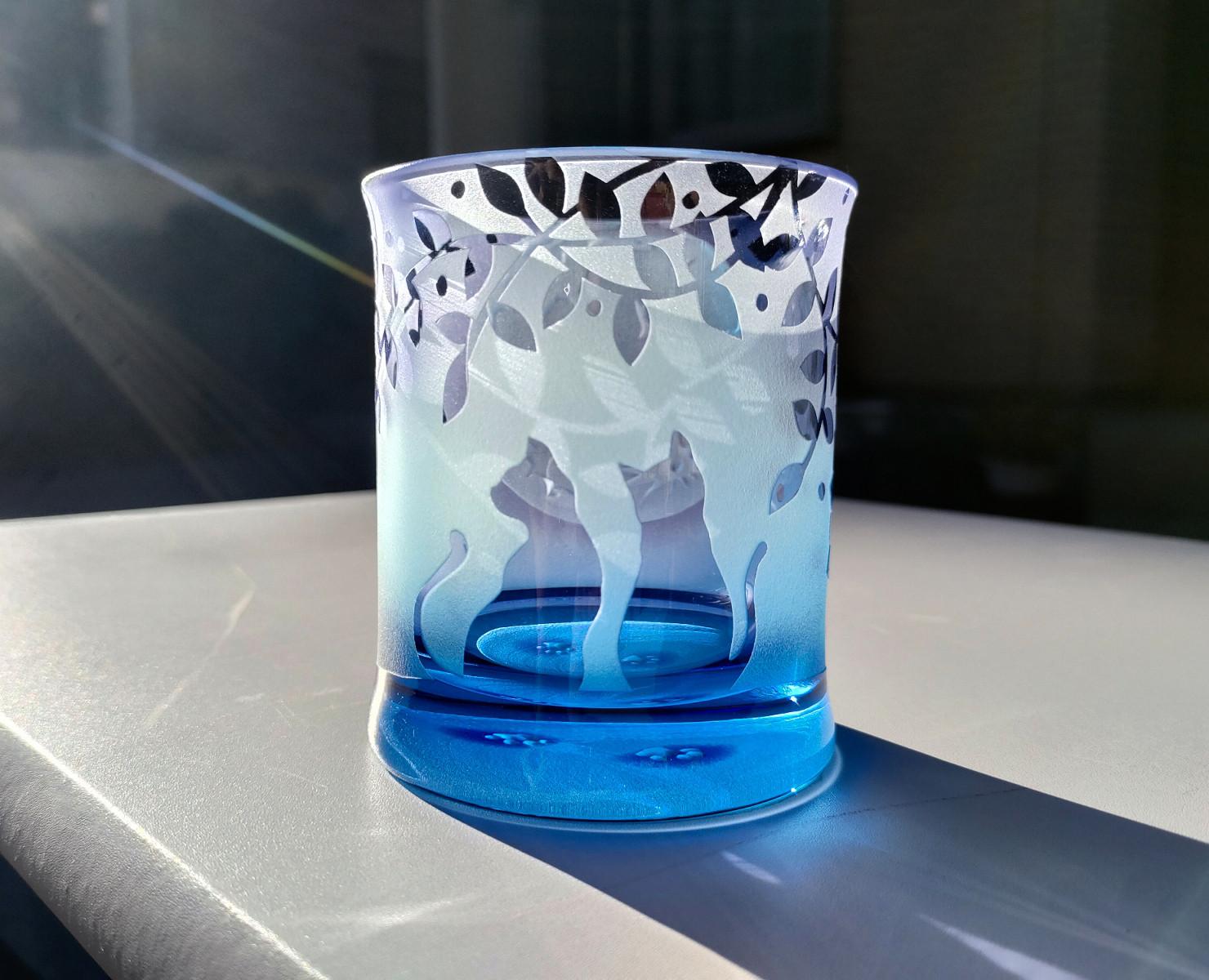 月夜の猫 青紫ロックグラス サンドブラスト ギフト