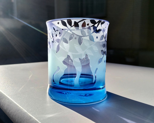月夜の猫 青紫ロックグラス サンドブラスト ギフト グラス 月のGlass