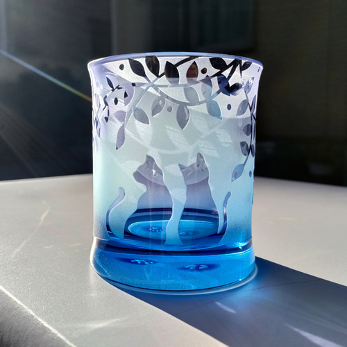 月夜の猫 青紫ロックグラス サンドブラスト ギフト グラス 月のGlass