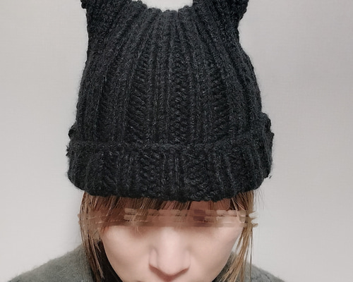 ネコ耳ニット帽 黒猫 帽子 シンプル 手編み ニット帽・ビーニー みどり