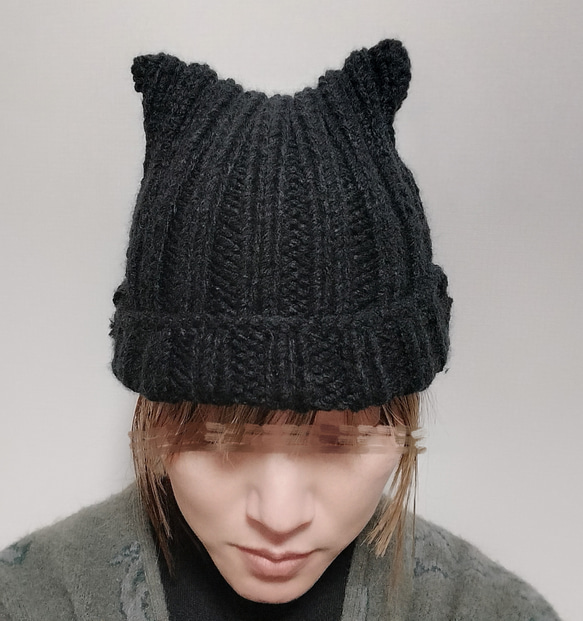 ネコ耳ニット帽 黒猫 帽子 シンプル 手編み ニット帽・ビーニー みどり