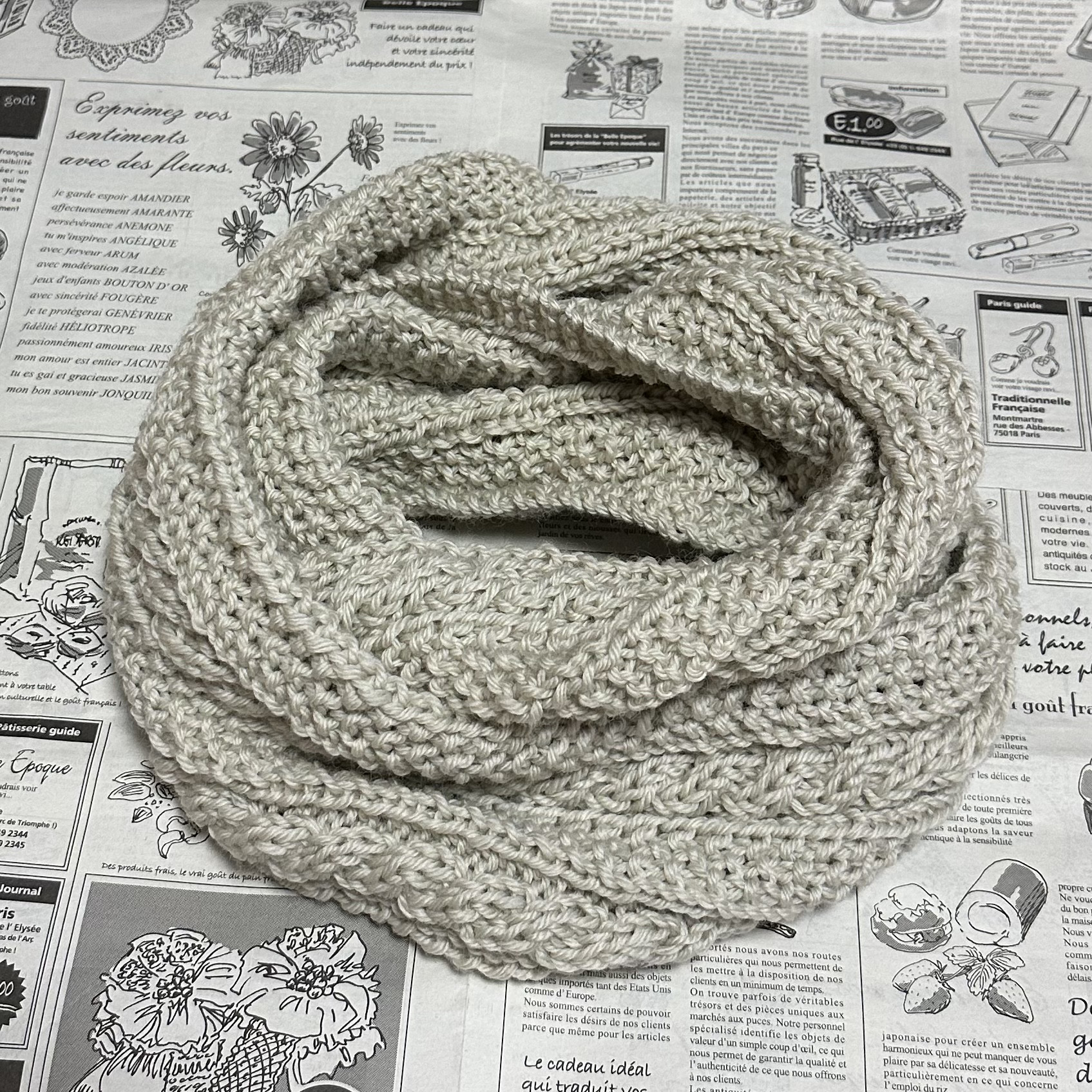 アラン模様のスヌード・ライトグレー