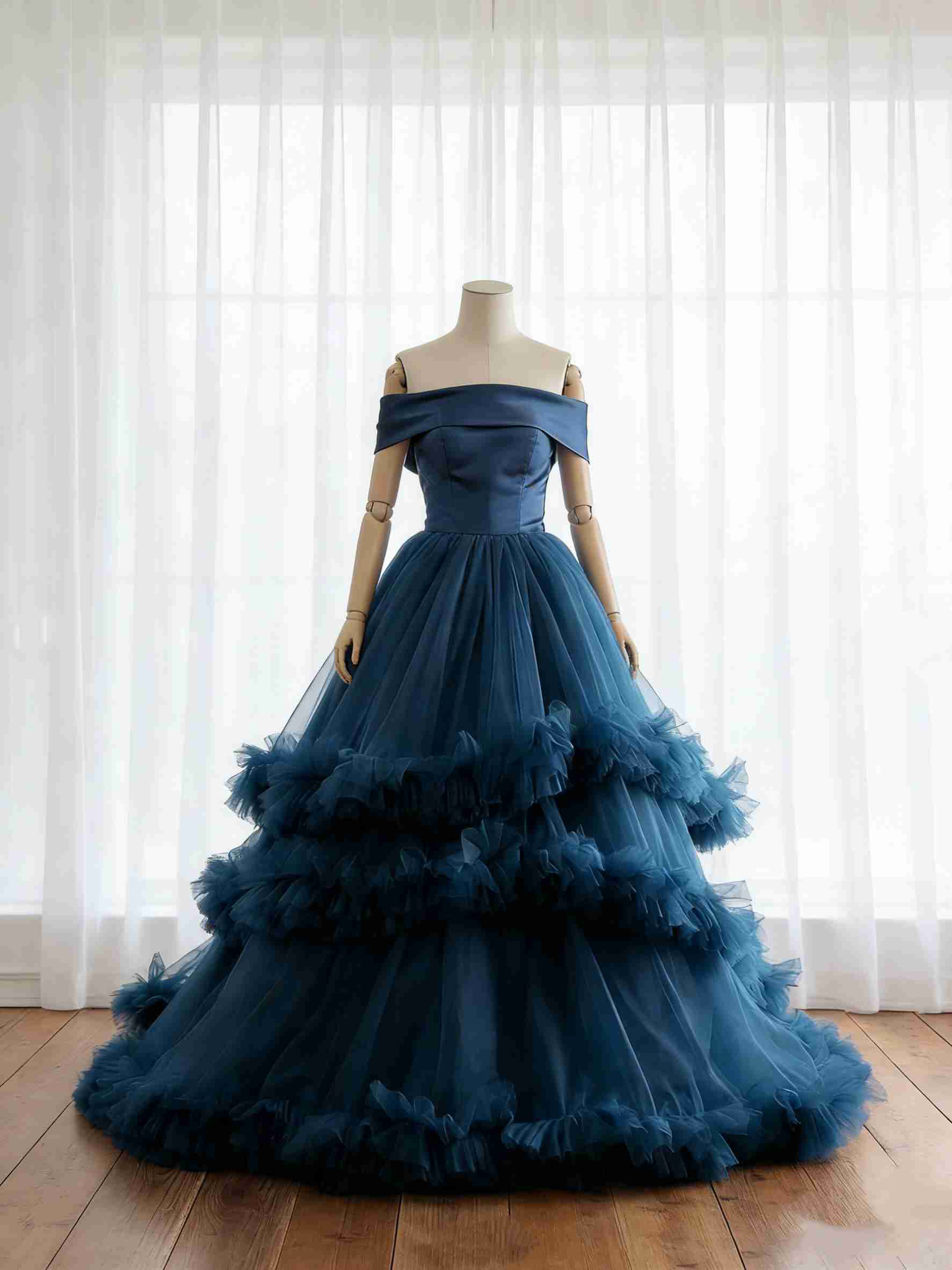 送料無料！カラードレス  ネイビー オフショルダー  リボントレーン チュールスカート 結婚式 エレガント