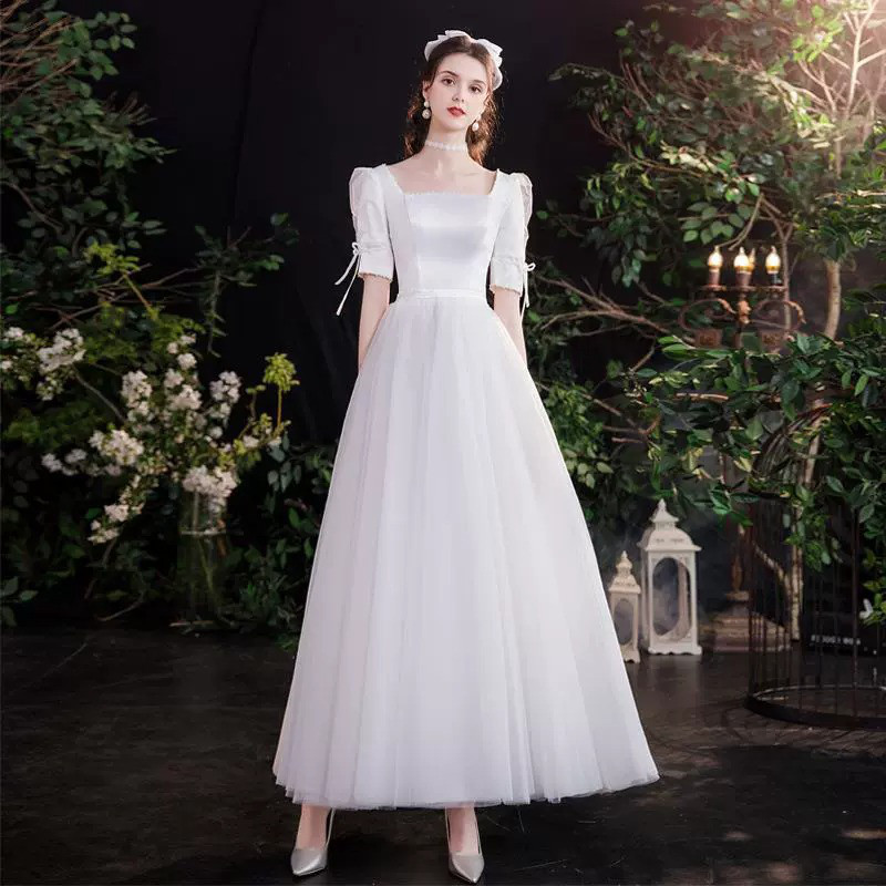 ウェディングドレス 白 黒 半袖 サテン シンプル 韓国風 高級感 花嫁 誕生日 前撮り 二次会 お呼ばれ AK635