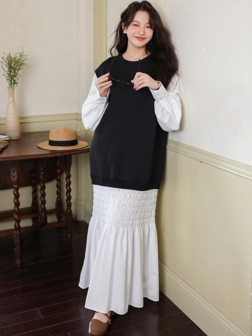 新品 大きいサイズ 4Lワンピース 秋冬 ロングワンピース ドッキング重ね着風d