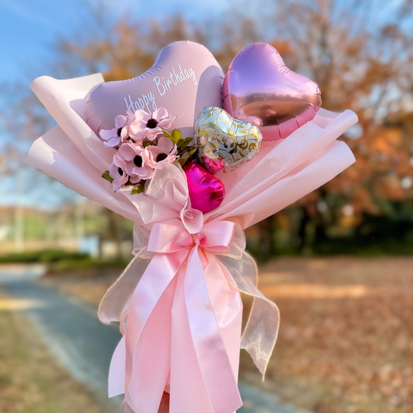 フラワーバルーンブーケ ピンク｜名入れ可｜誕生日・発表会・結婚祝い
