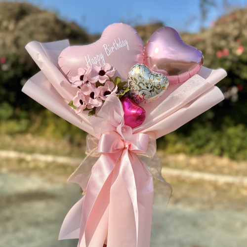 フラワーバルーンブーケ ピンク｜名入れ可｜誕生日・発表会・結婚祝い