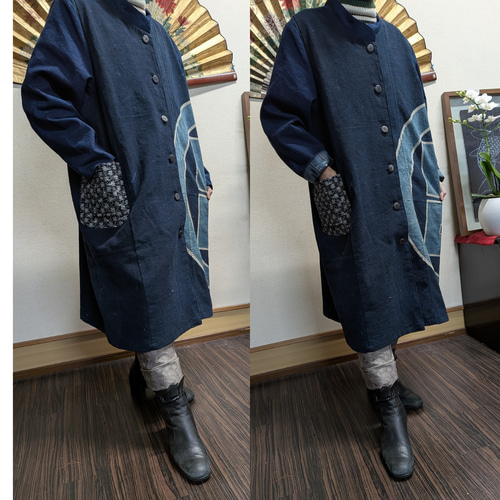 古布 藍染 筒書き 綿　更紗●貝ボタン● 前開きコート、ジャケット●着物リメイク 筒がきと紬のリバーシブル前開きコート 古布リメイク コート 着物