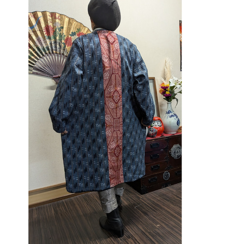 筒がきと紬のリバーシブル前開きコート 古布リメイク コート 着物