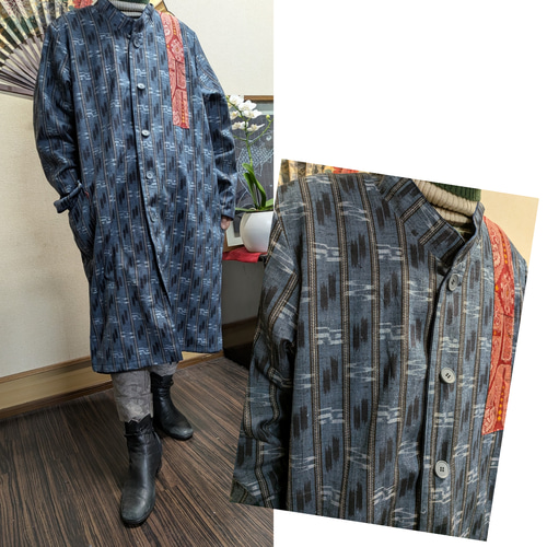 筒がきと紬のリバーシブル前開きコート 古布リメイク コート 着物