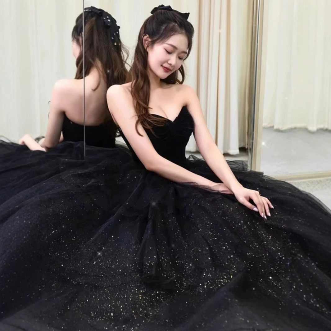 パーティードレス 黒 ベロア ノースリーブ ふわふわ プリンセス 高級感 誕生日 前撮り 二次会 お呼ばれ AK638