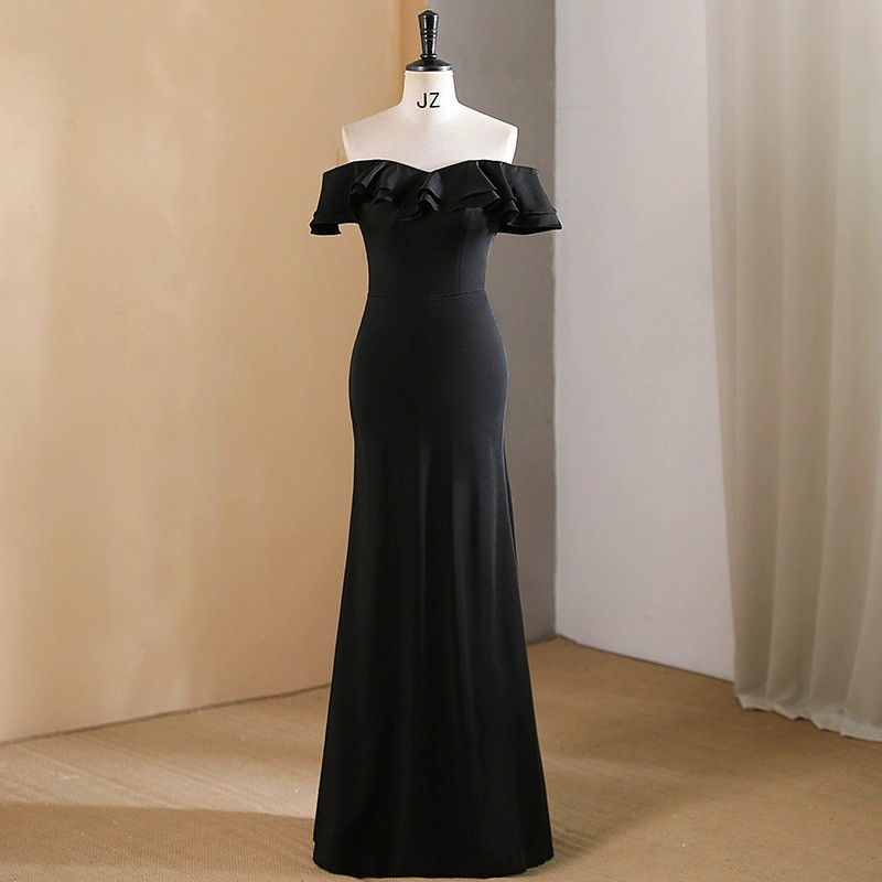 パーティードレス 黒 オフショルダー シンプル 高級感 誕生日 成人式 演奏会 前撮り 二次会 お呼ばれ AK645