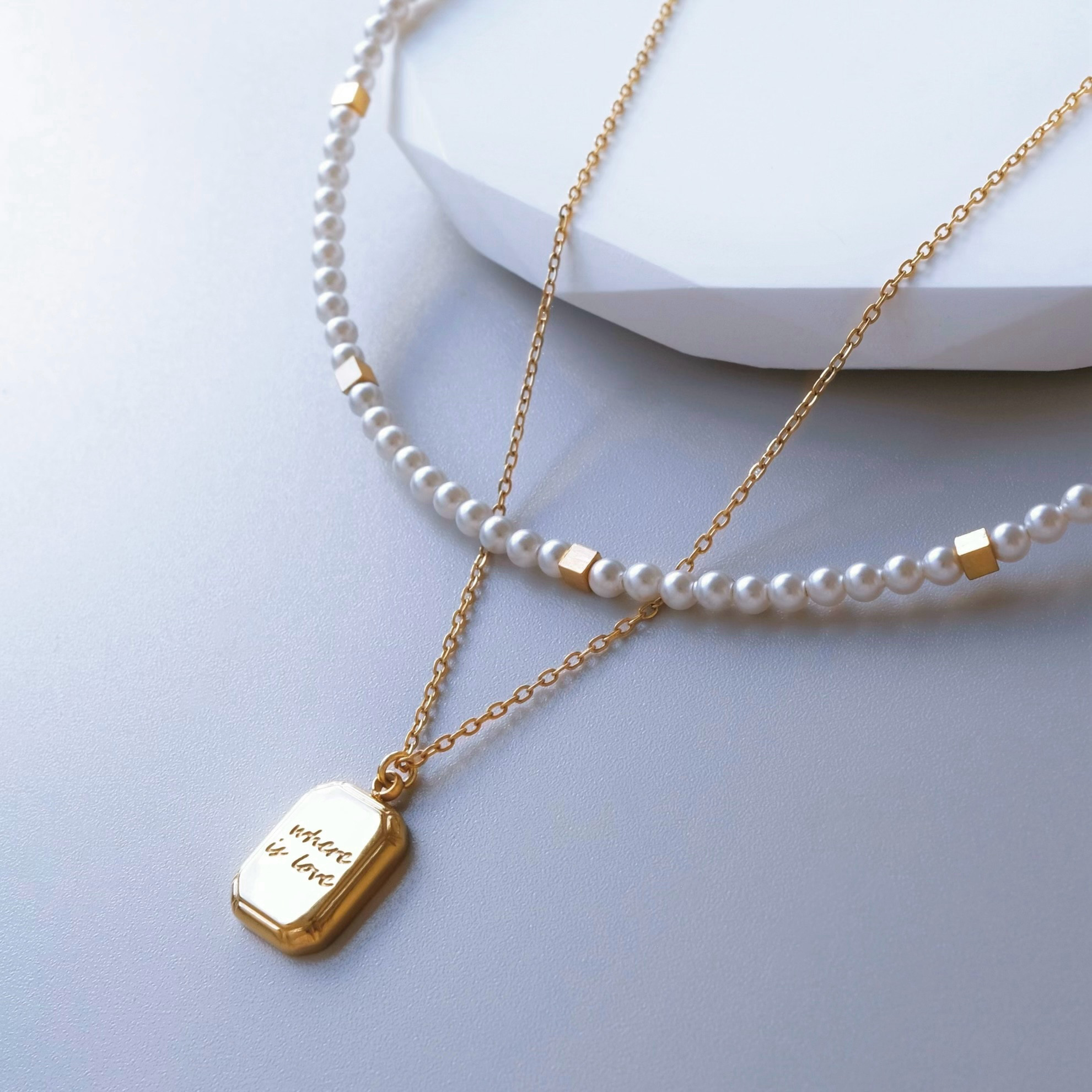 【セット】レタープレート&パール レイヤードネックレス Pearl & Gold Plate ネックレス 新作2026