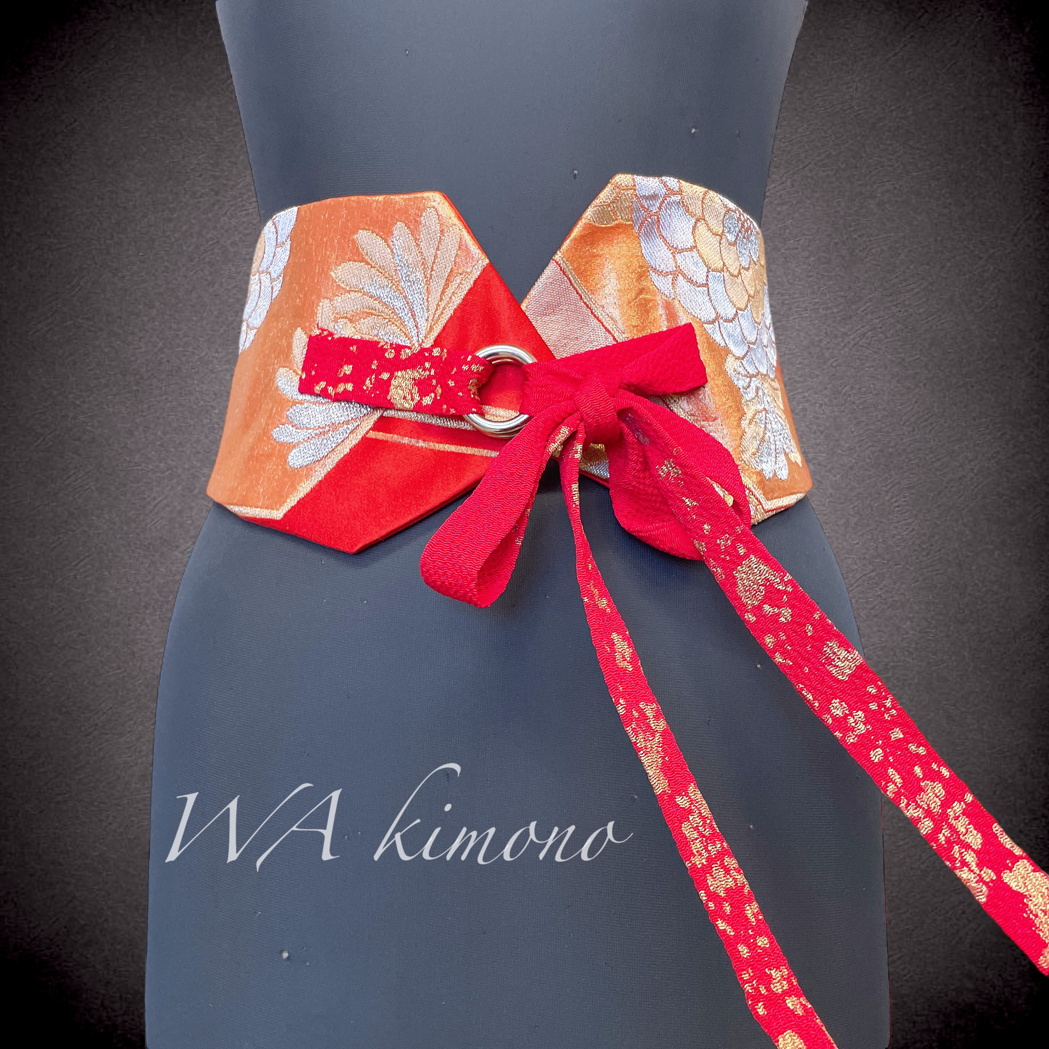 赤金刺繍 サッシュベルト リボン ウエスト 60〜90cm 帯ベルト 帯リメイク 着物リメイク J71221