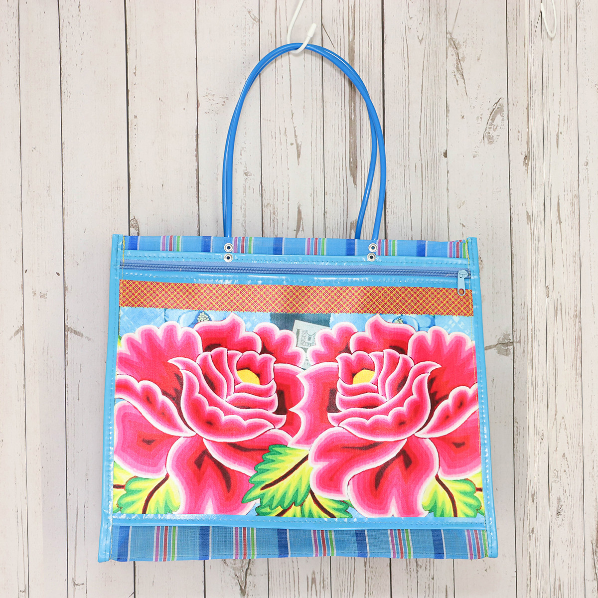 メキシコ製 メルカドメッシュトートバッグ 花柄 マチ付き 008