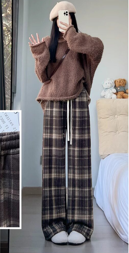 ファー付きコーヒー色ウール素材のワイドパンツ 女性用 秋冬2026新作 ボウズ体型向けゆったりストレートジーンズ レトロ