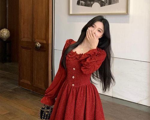 新品 大きいサイズ赤 フリル ツイード ワンピース長袖ミニ丈韓国秋冬