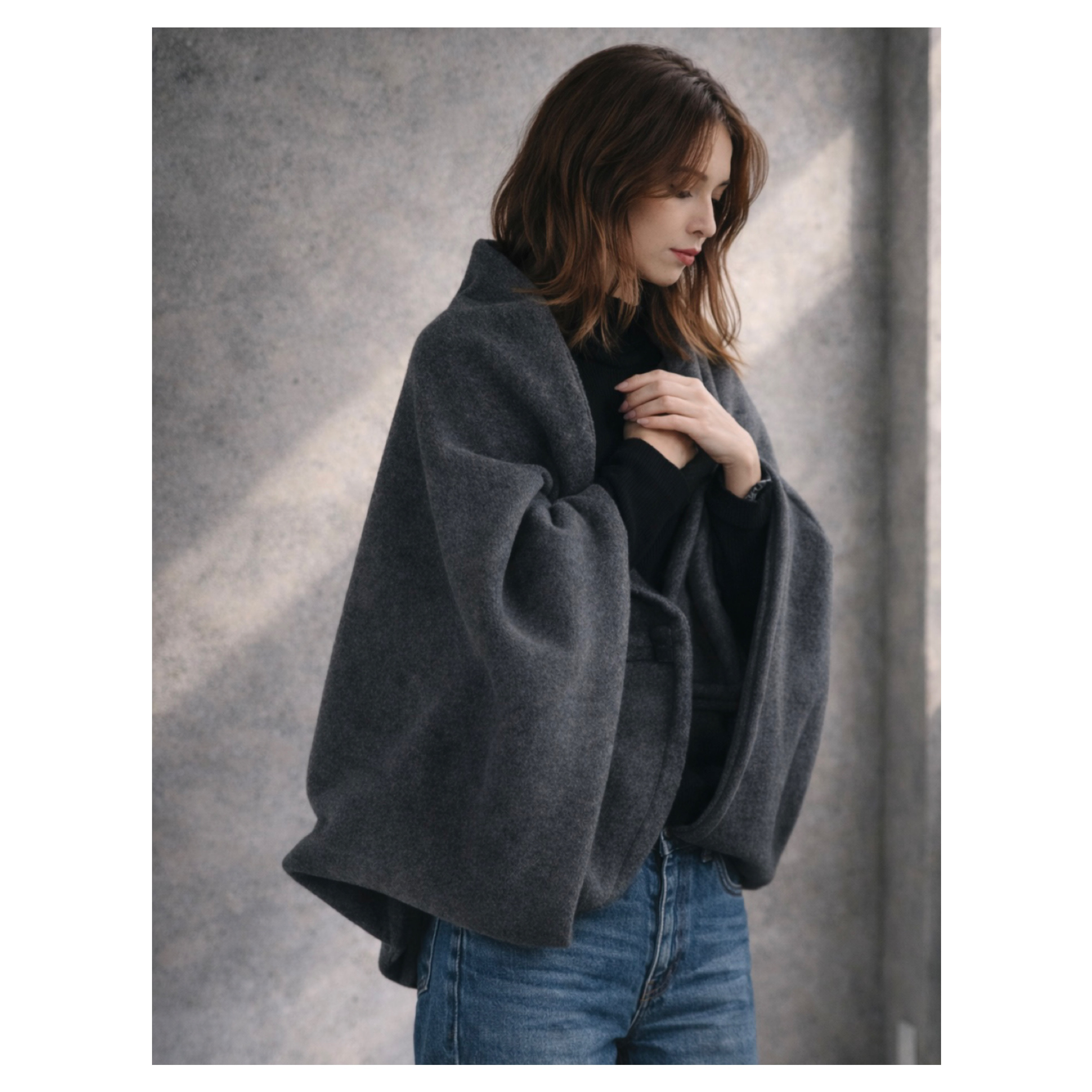 秋冬3way大人の高級メルトンフリースストール／ストールにもアウターにもブランケットにも使い方色々／チャコール