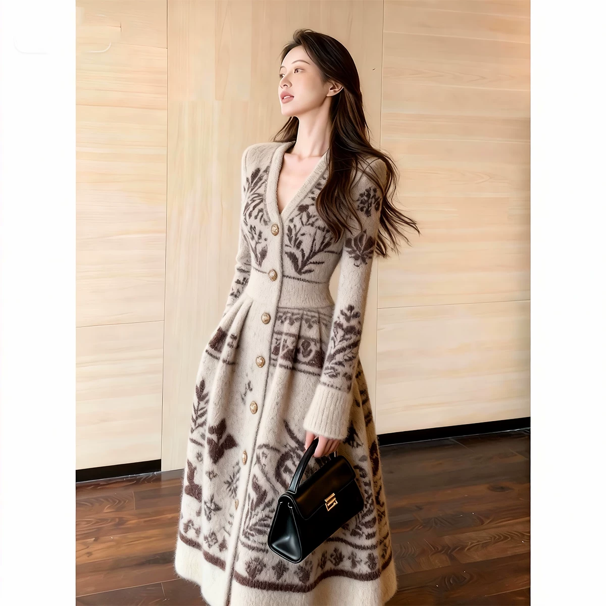 カーディガン トレーナー コート ジャケット 裏起毛 秋冬黒ふわふわ裏起毛ニットフード付きロングコート 受注制作 通勤