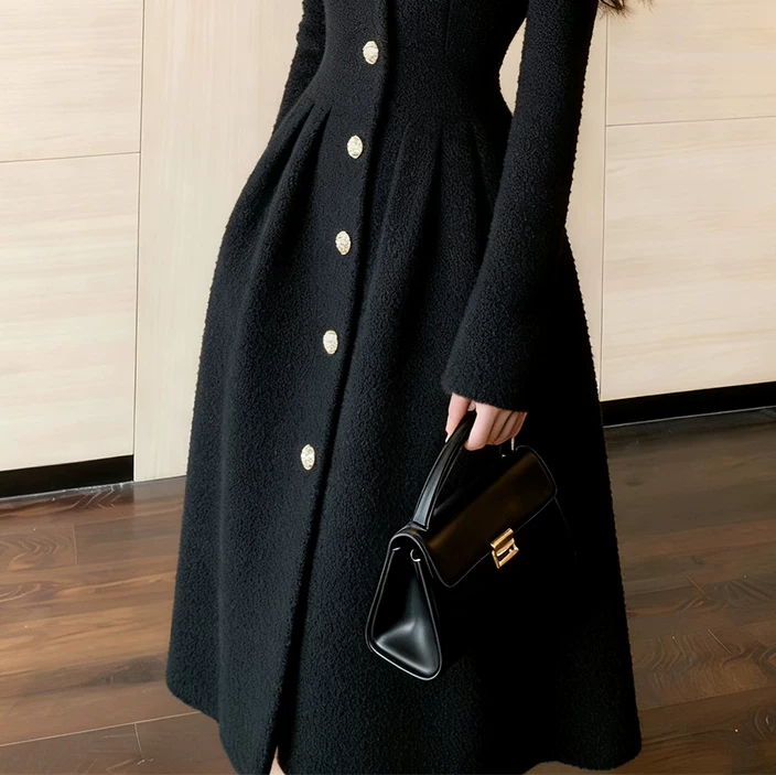 カーディガン トレーナー コート ジャケット 裏起毛 秋冬黒ふわふわ裏起毛ニットフード付きロングコート 受注制作 通勤