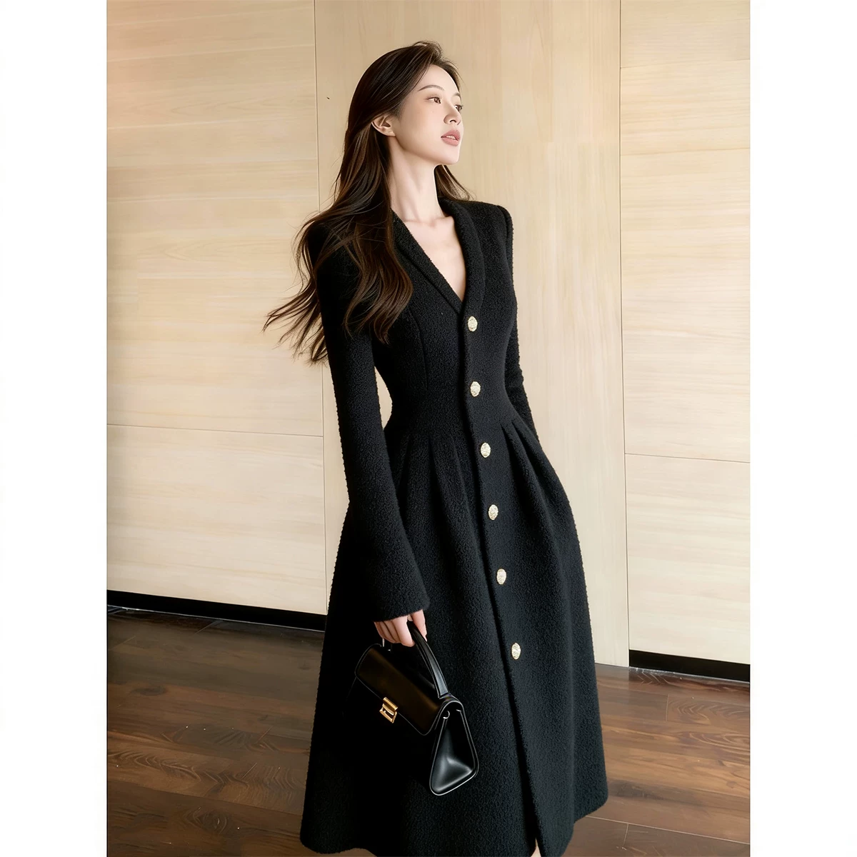 カーディガン トレーナー コート ジャケット 裏起毛 秋冬黒ふわふわ裏起毛ニットフード付きロングコート 受注制作 通勤