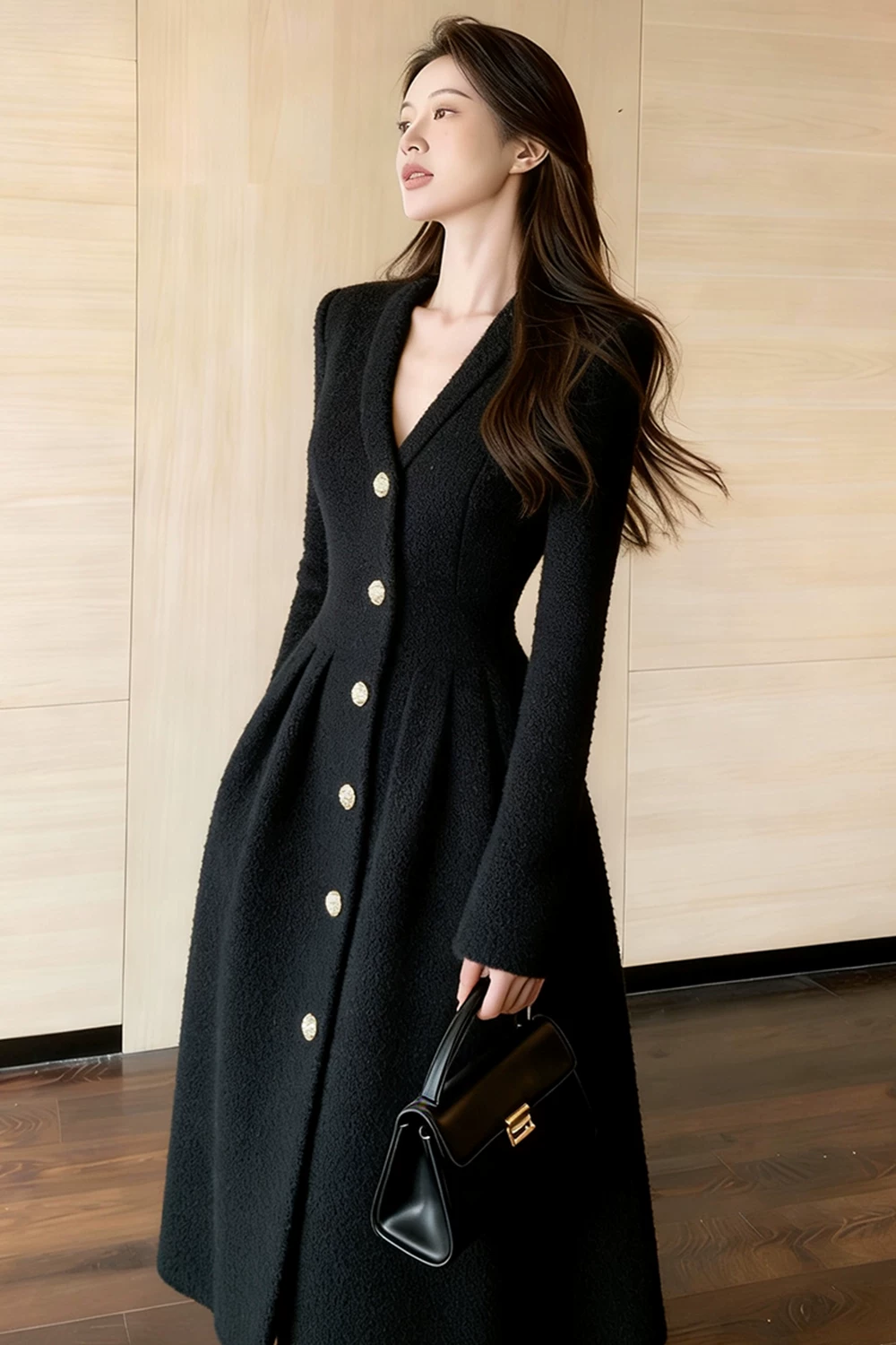 カーディガン トレーナー コート ジャケット 裏起毛 秋冬黒ふわふわ裏起毛ニットフード付きロングコート 受注制作 通勤