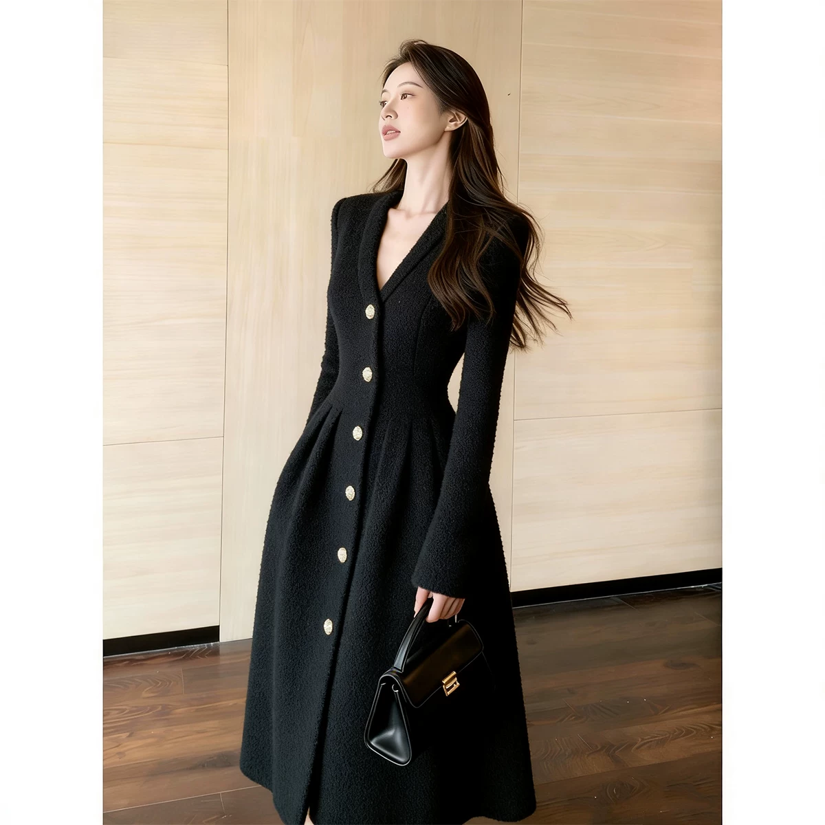 カーディガン トレーナー コート ジャケット 裏起毛 秋冬黒ふわふわ裏起毛ニットフード付きロングコート 受注制作 通勤