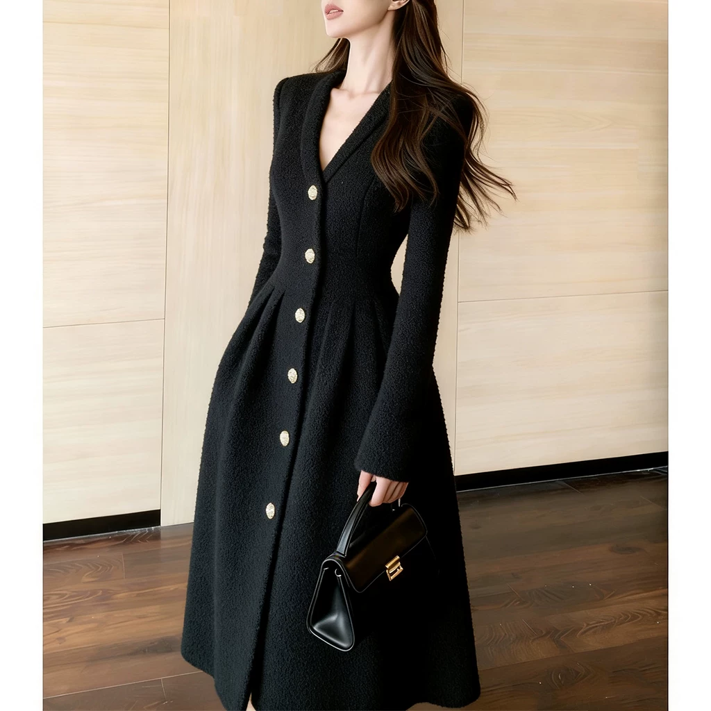 カーディガン トレーナー コート ジャケット 裏起毛 秋冬黒ふわふわ裏起毛ニットフード付きロングコート 受注制作 通勤